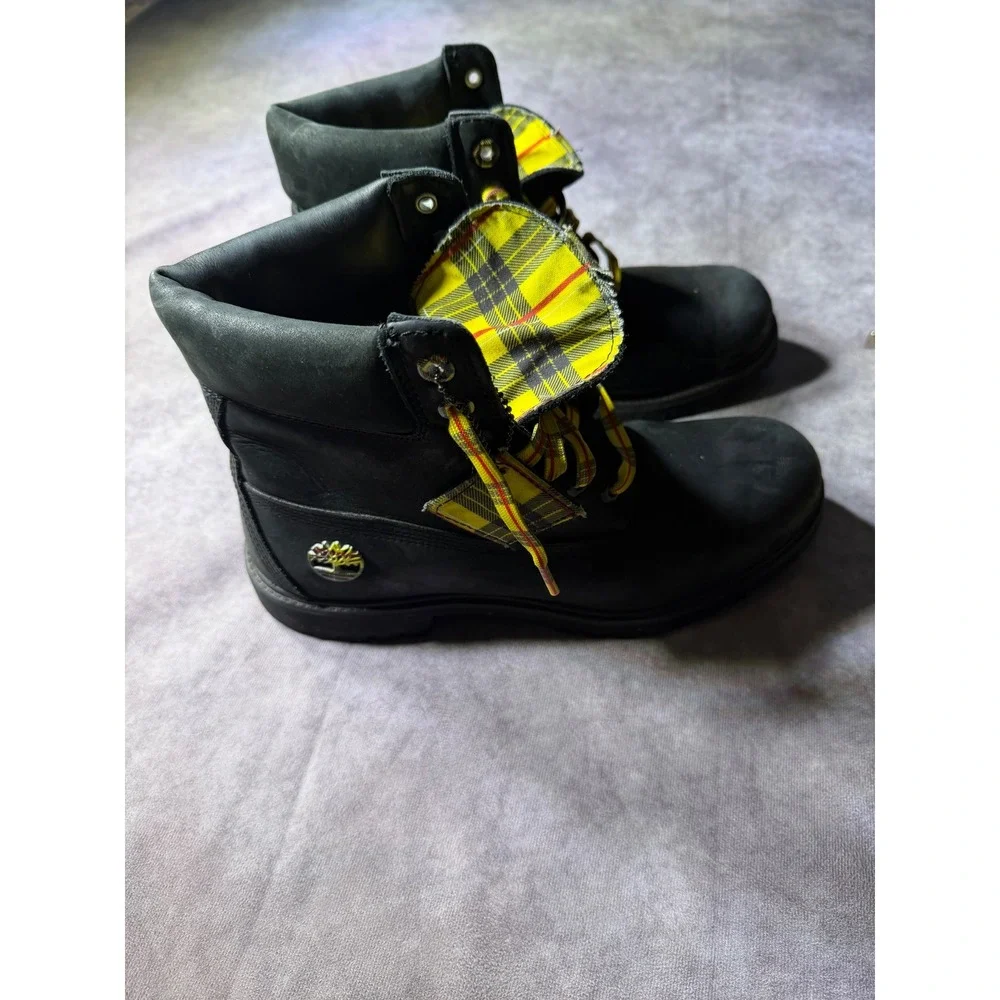 Timberland 6 Inch Premium Black Nubuck Yellow Plaid Boots Mens 10 M A28Q8